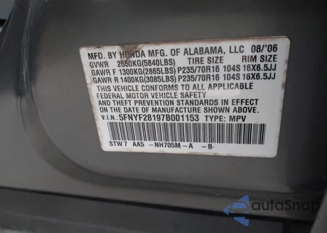 2007 Honda Pilot Lx z USA, uszkodzony, nr VIN 5FNYF28197B001153
